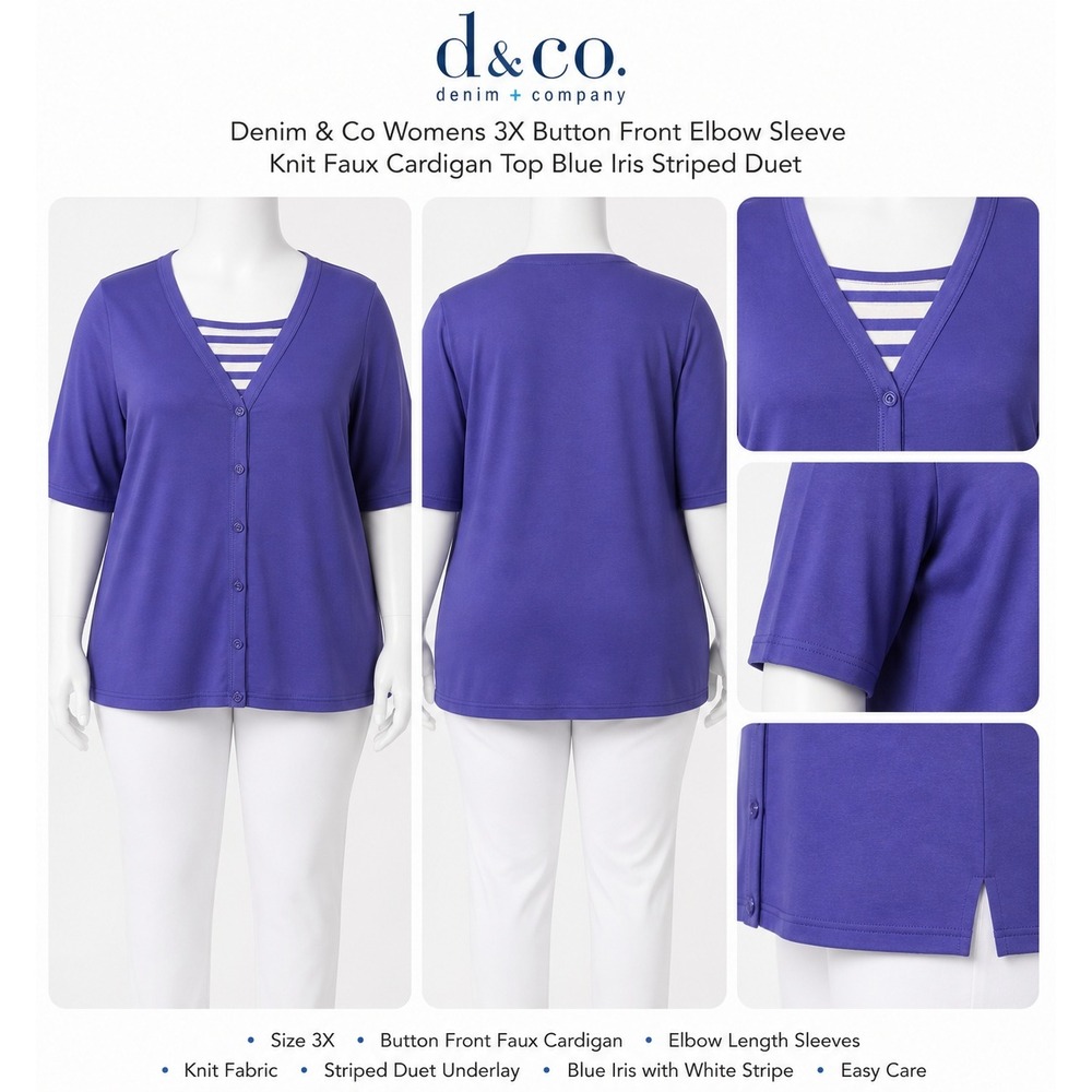 Denim‎ & Co Womens 3X Purple Iris Striped Duet Faux Cardigan Knit Top A213679